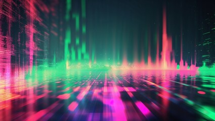 Fototapeta premium Glitch-style abstract grainy background with a high-contrast noisy gradient of green, violet, and pink, creating a futuristic glowing effect on a deep dark background.