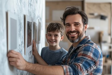 father and son hanging pictures on the wall, smiling at the camera.