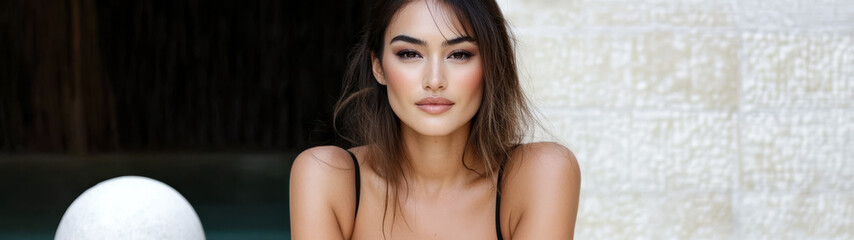 Obraz premium Model posing outdoors in a serene setting with a stylish casual outfit and natural makeup