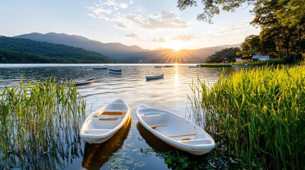 Obraz premium Serene Sunset Over Calm Lake with Kayaks and Lush Greenery in Tranquil Nature Setting