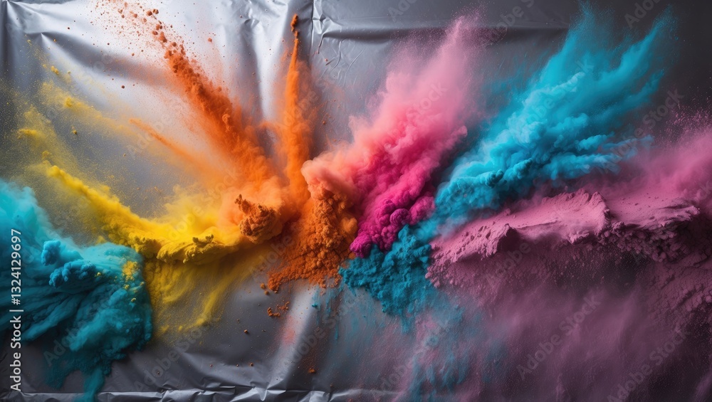 Poster rainbow powder has been utilized to form an abstract artwork set against a background. there is a fr