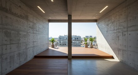 Obraz premium Modern concrete building balcony bright sunlight serene view. AI Generated