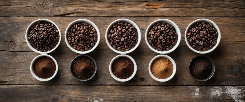 Preparing fresh roast coffee beans to brew, featuring an overhead perspective of four different bean varieties alongside their respective ground powder in small dishes on a rustic background.