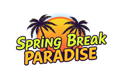 A vibrant hand-drawn Spring Break stamp with a glowing sunset behind two swaying palm trees