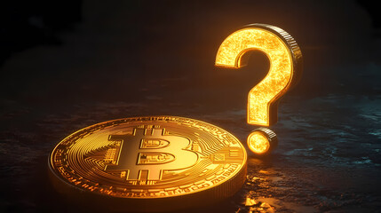 Golden Bitcoin and Glowing Question Mark Symbol