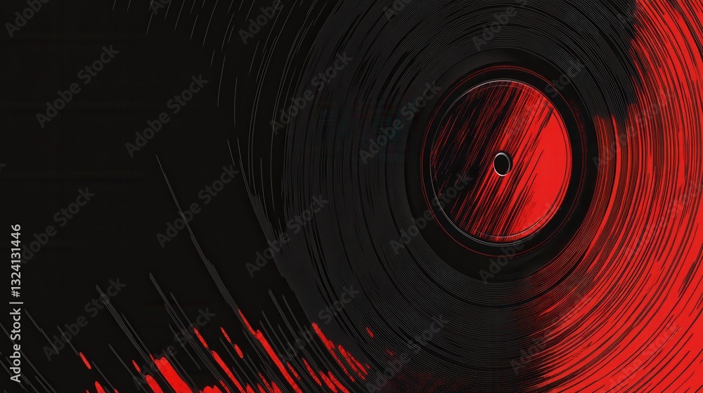 Poster Vinyl record texture with rhythmic soundwave ripples in bold red and black, creating a retro-modern aesthetic with space for text