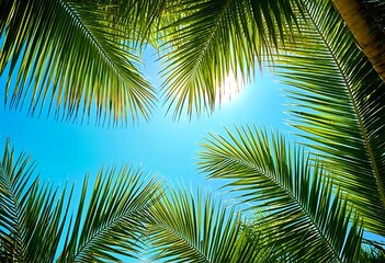 Fototapeta premium palm fronds against a bright blue sky.