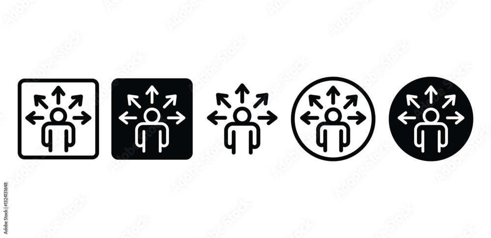 Poster multidirectional arrows surrounding a skill person icon set black and white square and circle variat