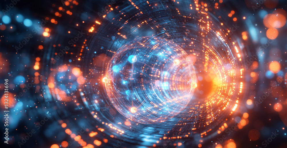 Fototapete Visual representation of quantum computing principles showcasing superposition and entanglement dynamics. The vibrant interplay of colors depicts data flow within a quantum algorithmic framework.