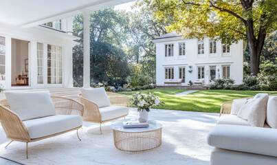 Fototapeta premium Elegant outdoor living space featuring modern furniture in a serene garden setting