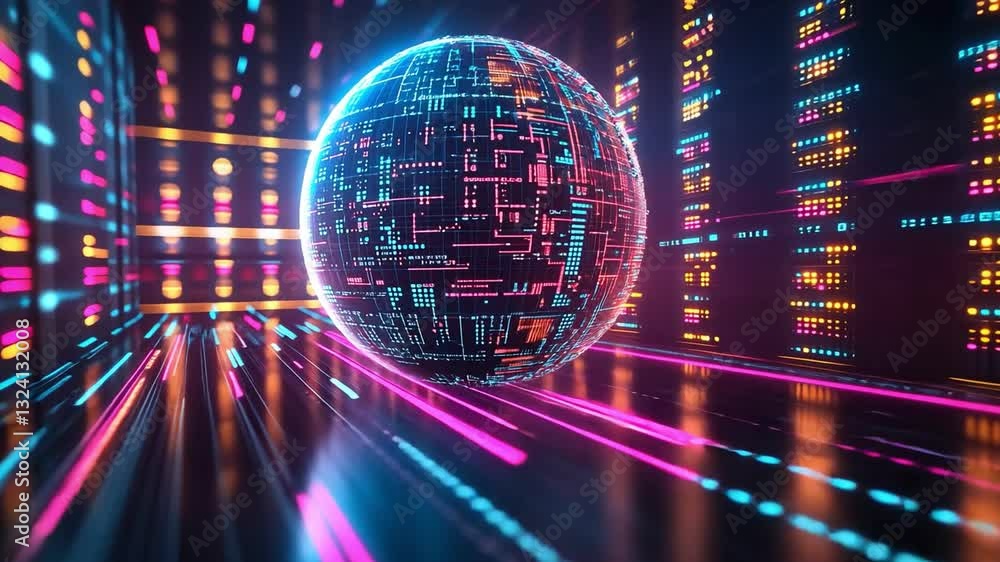 Poster futuristic digital sphere illuminated by vibrant neon lights and abstract technology patterns in cap