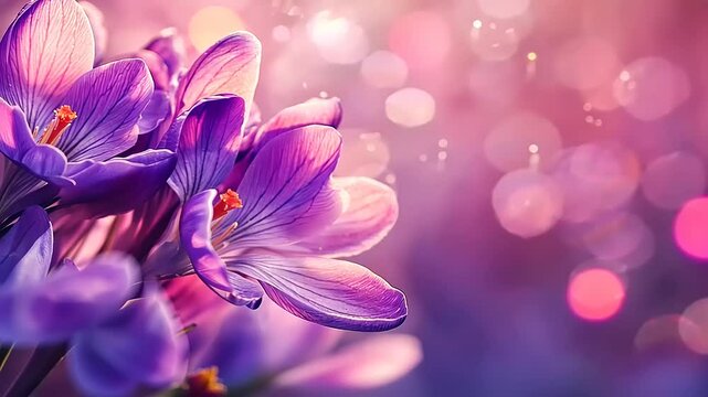 A close-up of vibrant purple crocus flowers against a soft, dreamy background.
