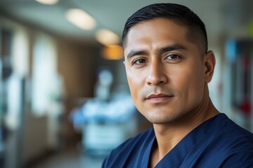 Obraz premium Confident Male Doctor or Nurse in Hospital Corridor