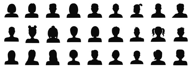People Avatar Icon Set — Black-and-White Silhouettes of Users, Faces, and Profiles for Social, Business, and Web Communication Designs