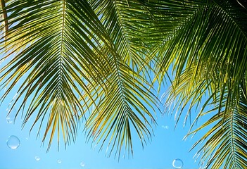 Fototapeta premium palm leaves and bubbles against blue sky.