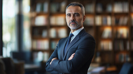 Fototapeta premium Authoritative Lawyer in Classic Suit Displaying Professionalism and Command in a Sleek Office Ambiance