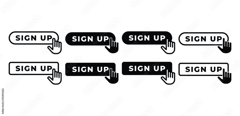 Poster sign up buttons with cursor icon vector design black white color illustration sets