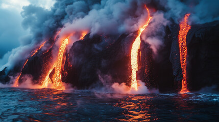 Close-up of molten lava dripping into the sea, creating a burst of steam and glowing embers.