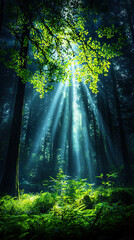 Fototapeta premium Towering Redwood Trees in Thick Morning Fog with Sunlight Piercing Canopy in 8k Forest Photography 