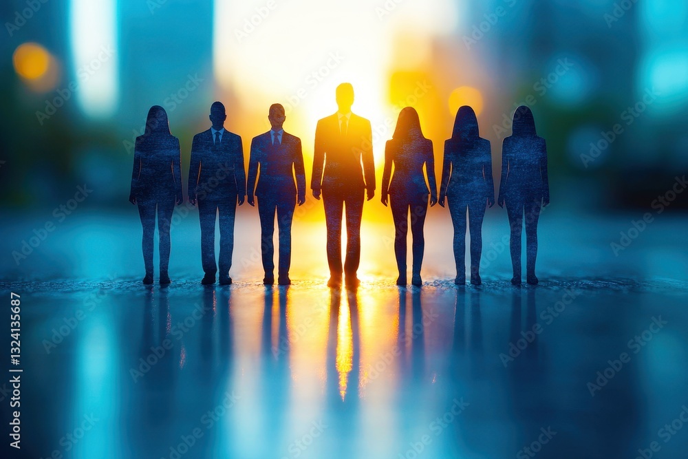 Poster silhouetted professionals standing in unity against a sunset background with vivid colors illuminati