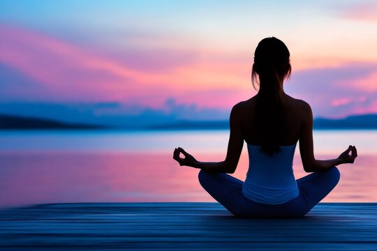 Woman practicing yoga at sunset, enjoying serenity and mindfulness by the lake