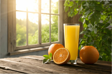 Naklejka premium Refreshing Orange Juice in Glass with Fresh Oranges Placed on a Wooden Table Surrounded by Greenery and Natural Light from Window