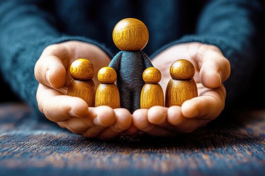 Handcrafted wooden figures representing family unity and care in a cozy setting, symbolizing love, connection, and togetherness among diverse individuals
