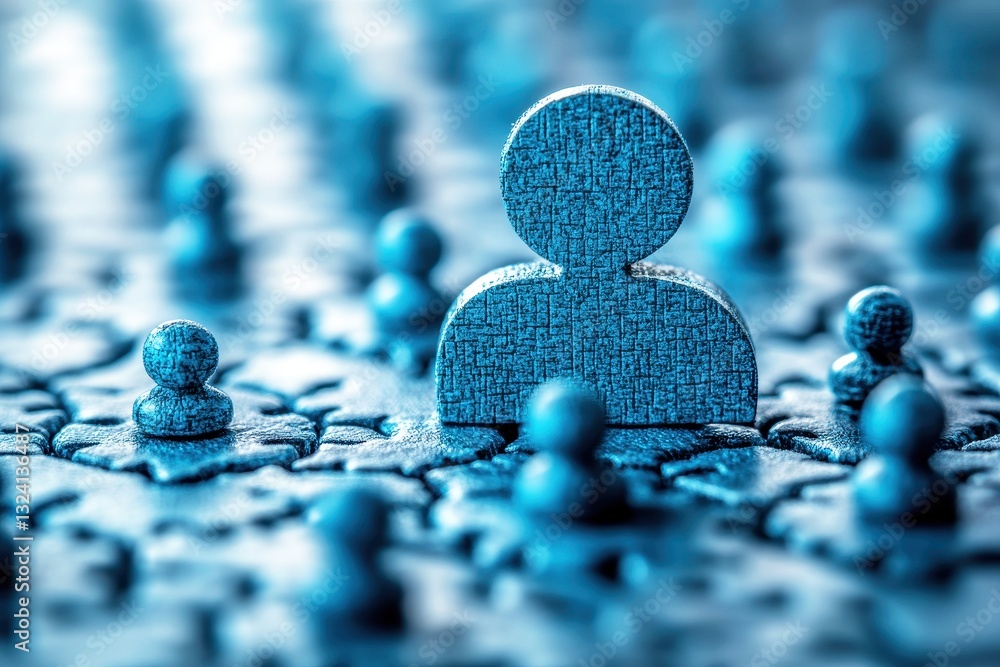 Poster abstract digital representation of leadership and teamwork with blue wooden figures on a textured ba