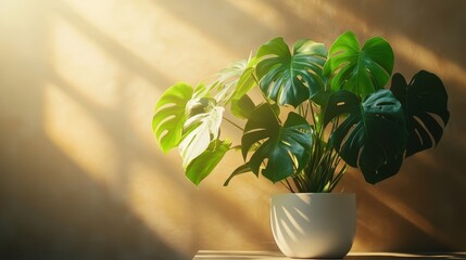 A vibrant monstera plant, its heart-shaped leaves reaching for the sunlight, stood proudly in its pristine white pot against a backdrop of soft, diffused light, exuding an air of tropical tranquility