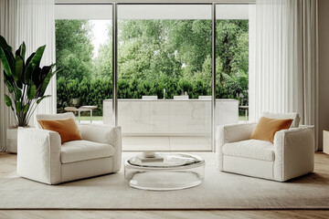 Cozy living room setup with modern furniture and a view of lush greenery