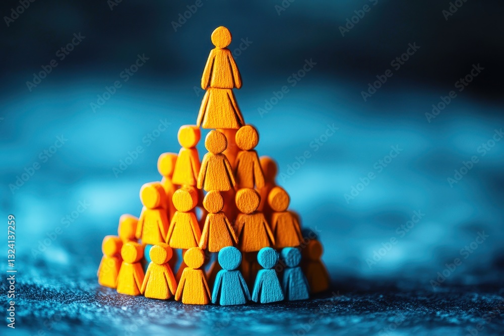 Aufkleber stacked wooden figures representing teamwork and collaboration in a hierarchical structure on a blue