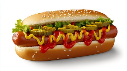 Delicious Hotdog with Ketchup, Mustard, and Pickles on a Sesame Seed Bun - A Classic American Fast Food Delight, Perfect for Lunch or Dinner!