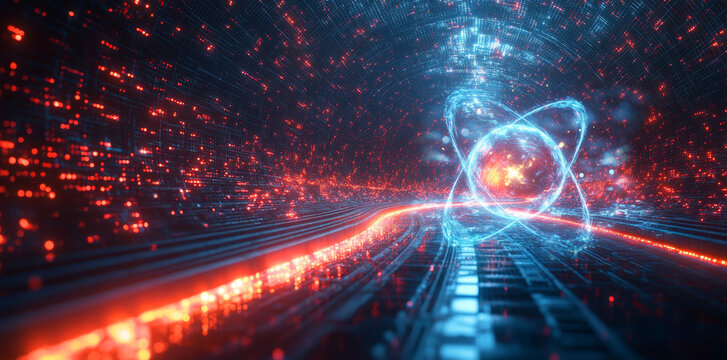 Visual representation of quantum computing concepts featuring qbits in superposition and entanglement amidst a vibrant, dynamic backdrop.