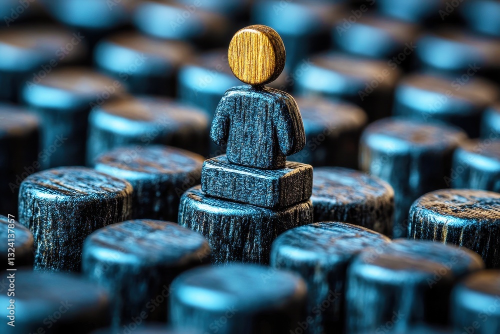 Poster wooden figure on black cylinders showing leadership and isolation in a creative abstract conceptual 