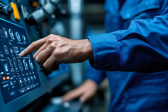 Engineer operating modern touchscreen control panel in factory