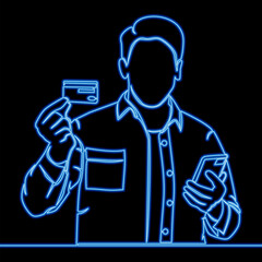 Seamless Mobile Payment. Man Showcases a Credit Card While Holding a Smartphone icon neon glow vector illustration concept