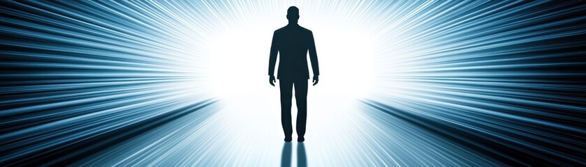 Fototapeta premium A silhouetted figure stands at the end of a tunnel of light, symbolizing possibility and the journey into the unknown.