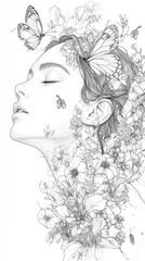 Fototapeta premium Ethereal Beauty: A Woman Adorned with Butterflies and Flowers in Delicate Line Art - A Serene Portrait of Femininity and Grace, Perfect for Art and Design Lovers
