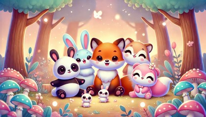 Naklejka premium Cute cartoon animals sitting in an enchanted forest with glowing lights. Children’s and fantasy concept.