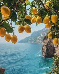 Lush lemon trees frame a striking coastal view, showcasing the stunning landscape of a Mediterranean paradise with vibrant yellow lemons and crystal-clear waters.