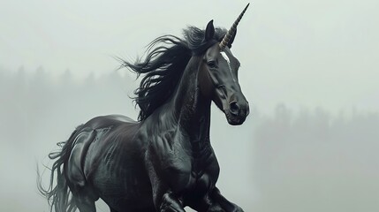 Black unicorn galloping through mystical fog in dark fantasy scene