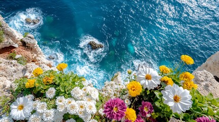 Colorful Flowers on Cliffside Overlooking Blue Ocean Waves and Rocky Shore, Scenic Nature View