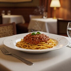 Prato de macarronada em um restaurante fino. Macarrão a bolonhesa. Belissima refeição.