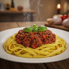 Prato de macarronada em um restaurante fino. Macarrão a bolonhesa. Culinária italiana.