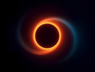 Abstract solar eclipse with a swirling orange-blue glow, creating a sense of cosmic motion. Dark background enhances the contrast and depth.
