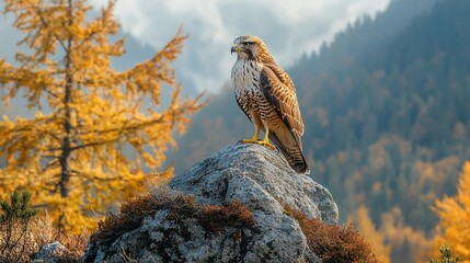Majestic hawk perched on a rock amidst vibrant autumn foliage in a serene mountain landscape