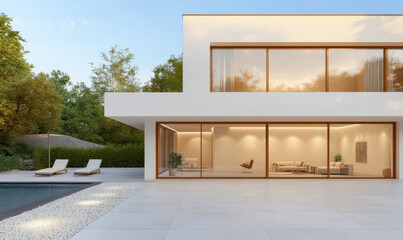 Fototapeta premium Modern house design with spacious outdoor pool area and beautiful landscaping
