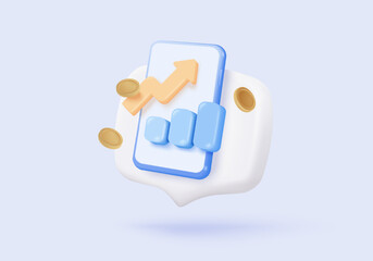 3D stock trading graph report for statistic market in bubble icon. Sell and buy money cash and exchange with finance business, analyzing investment. 3d bank trading icon vector render illustration