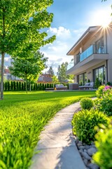 Fototapeta premium Picturesque modern house with beautifully landscaped yard lush greenery and winding pathway in a peaceful residential area The tranquil scene features a sunny day with a blue sky fluffy clouds