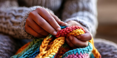 Naklejka premium Hands Knitting Multicolored Yarn